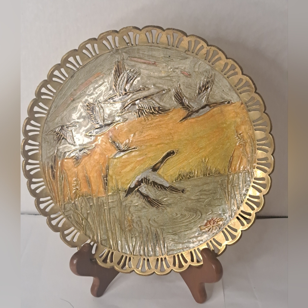 Vintage wall plate with birds reed lake, small brass plate enamel nature scene.
